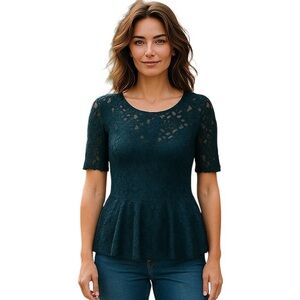 Forever 21 Women’s Peplum Top Floral Lace Short Sleeve Blouse Teal Blue Large L